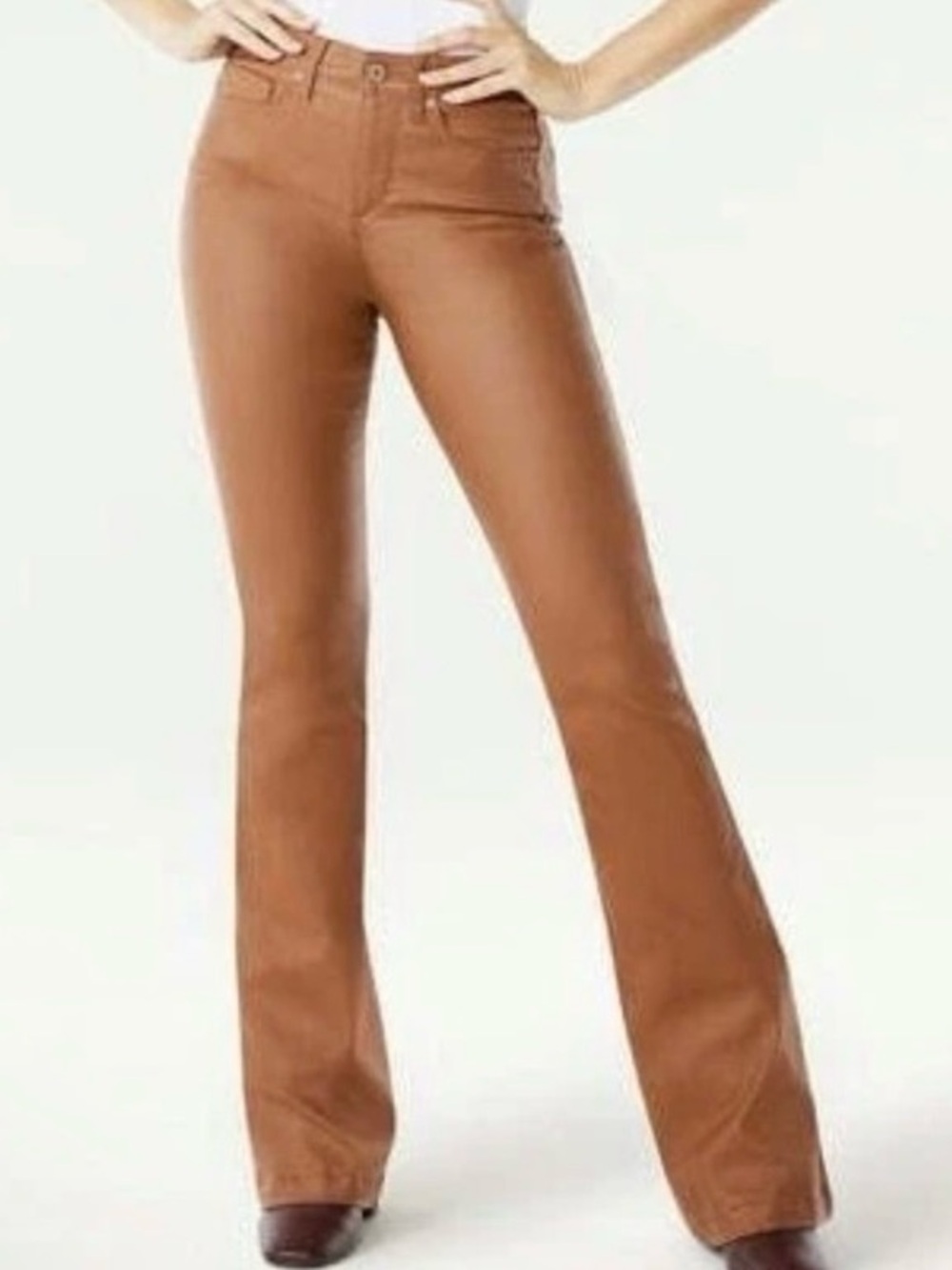Sofia Vergara Faux Leather Jeans Melisa Flare Caramel Brown High Rise Boho Sz 14